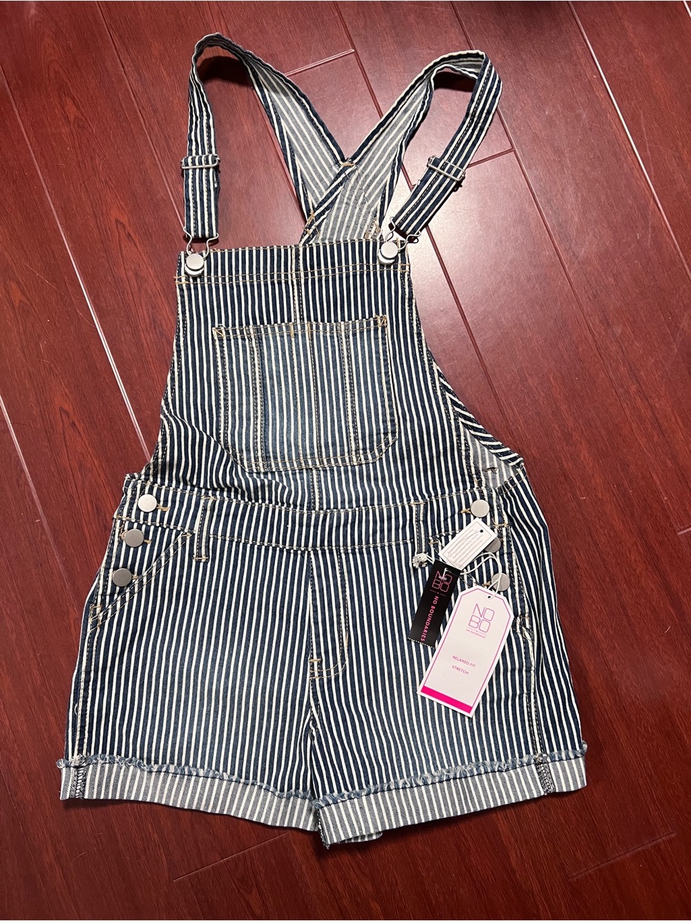 No Boundaries Blue and White Striped Denim Short Overalls woman size S/CH